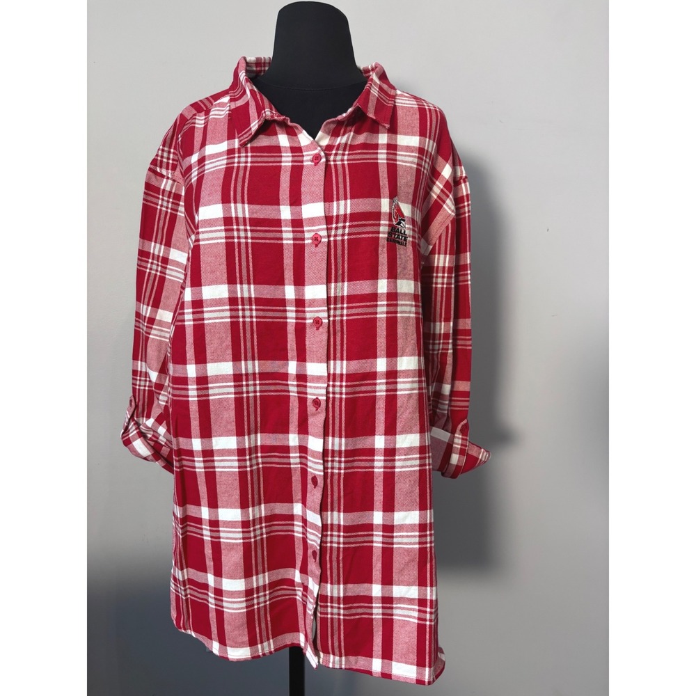 Ball State‎ Cardinals Plaid Boyfriend Flannel Shirt XL Red White Chicka-D nwt